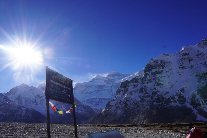 Welcome sign with Annapurna mountains in the background