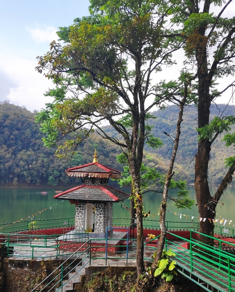 Serene lake with trees and small temple structure.