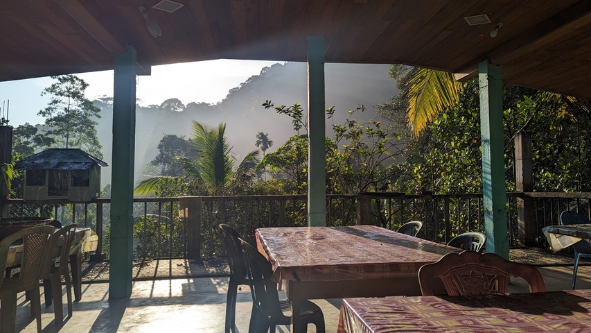 Outdoor dining area with scenic forest view.