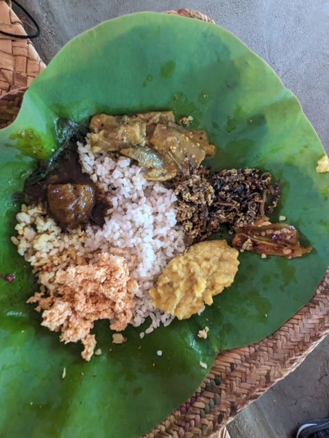 Traditional Sri Lankan meal served on a leaf.