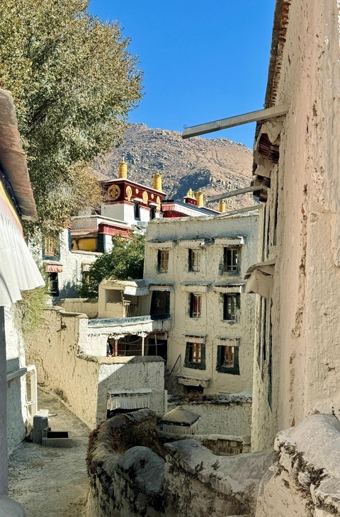 Traditional architecture with red and white buildings in a mountainous landscape.