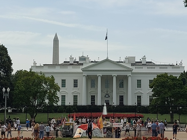 The White House with the Washington Monument in the background.