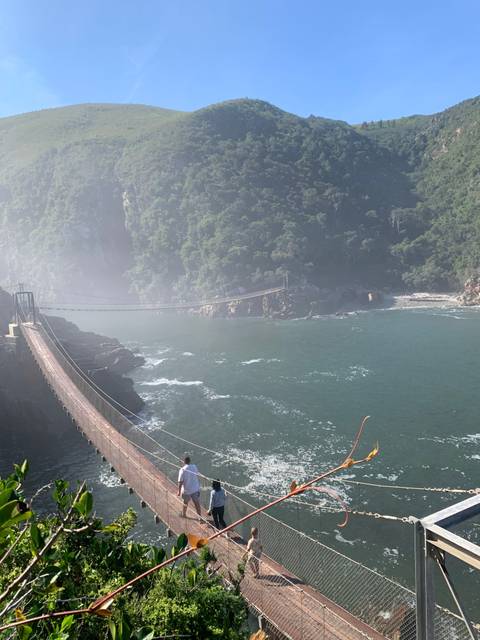 Suspension bridge over a misty coastal landscape.