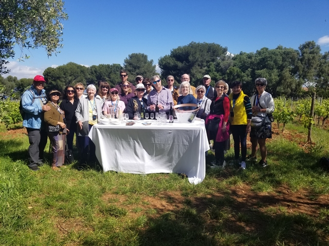 Group of people standing around a table in a vineyard.