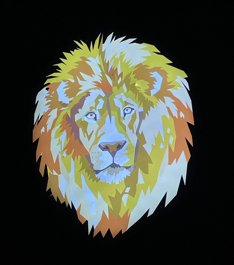 An abstract image of a colorful lion face illustration.