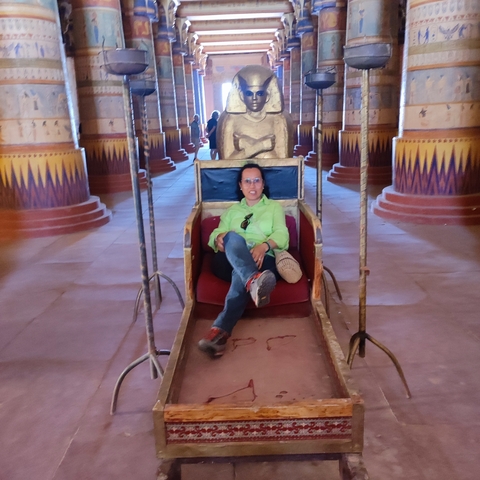 Person sitting inside an ornamental seat in a hallway.