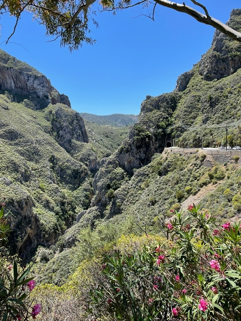 Dramatic mountain landscape with a rocky gorge.