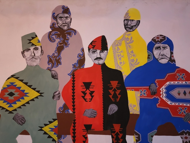 Artistic painting of people in colorful attire.
