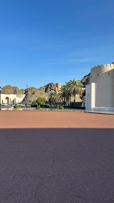 Open plaza with buildings and fortress in the background.