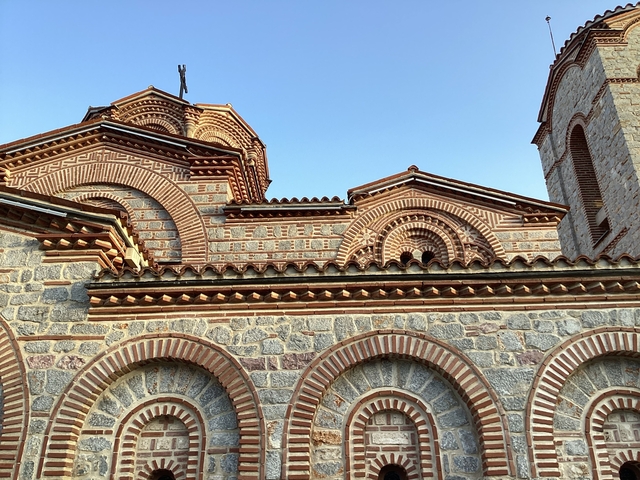 Architectural detail of a historic building with geometric patterns.