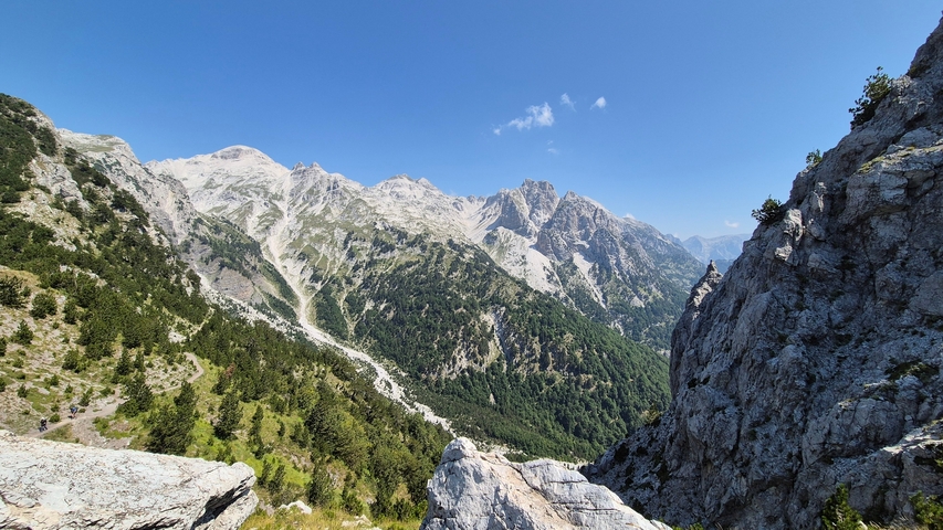 Mountain peaks with alpine greenery.