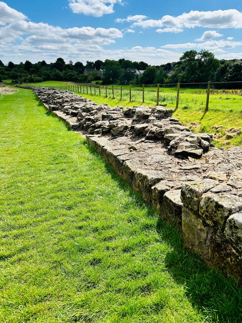 Old stone wall in a green field.