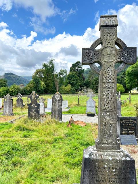 Celtic gravestones in a lush green graveyard.
