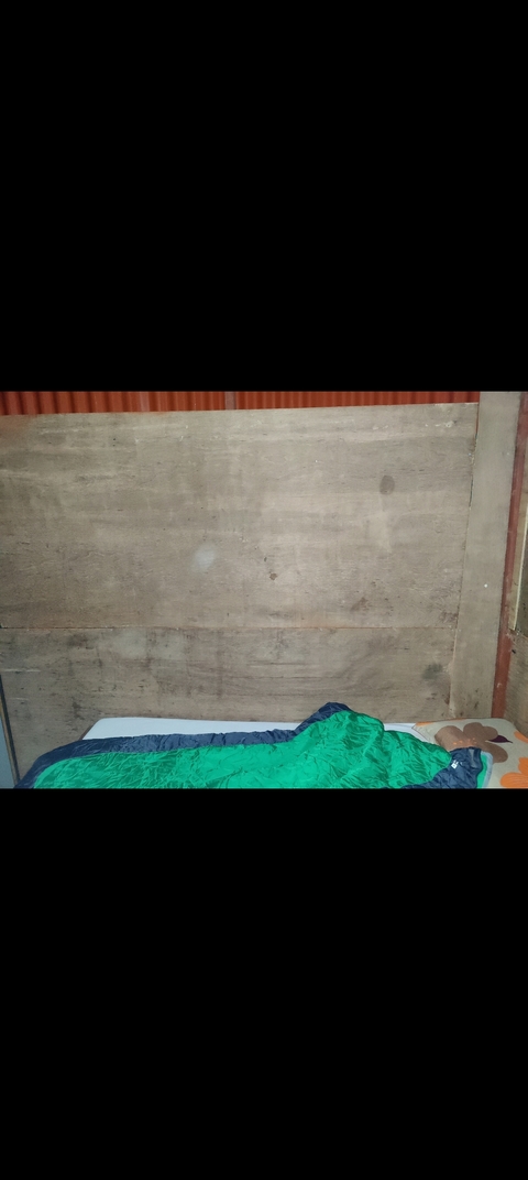 Bare wooden wall with a bed.