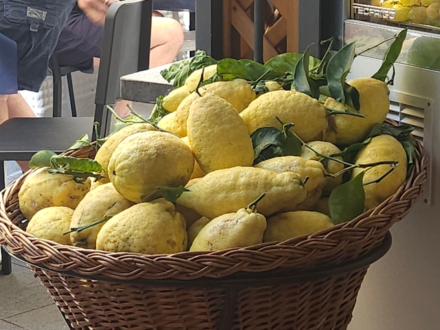 Basket of large lemons with leaves.