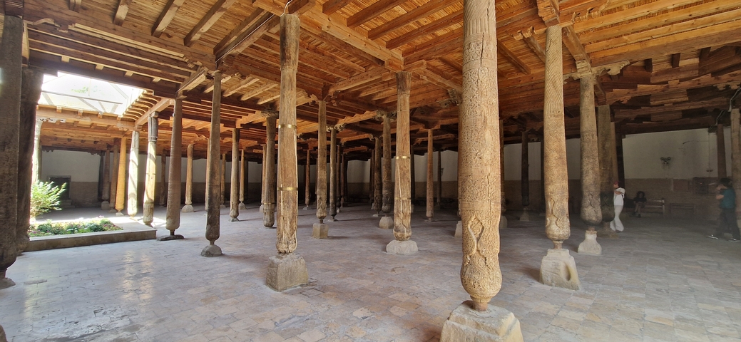 Wooden construction with tall pillars in a historic building