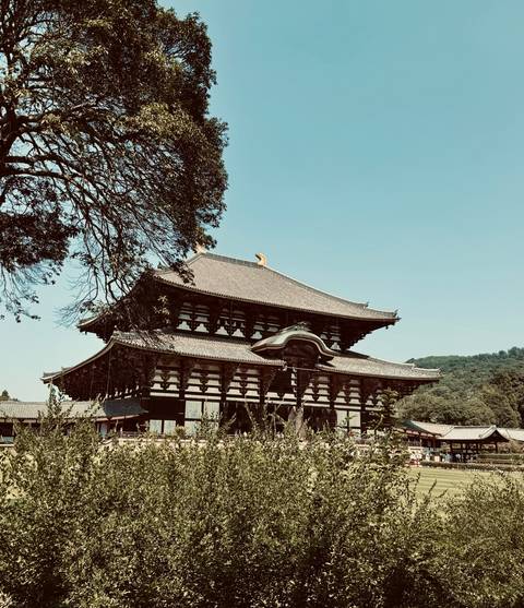 Traditional Japanese temple in a lush garden setting.