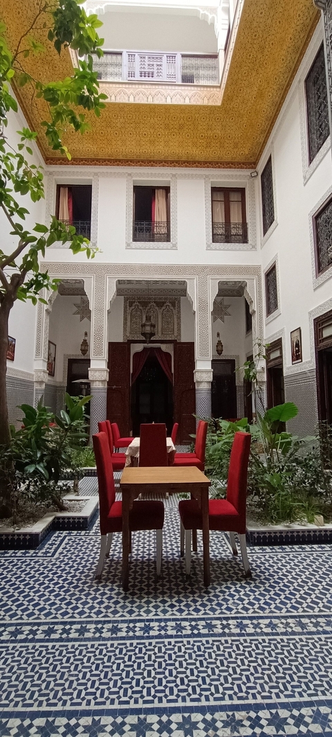 Traditional Moroccan courtyard with plants and red dining chairs.