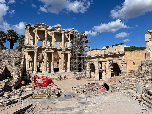 The Celsus Library under restoration with scaffolding.