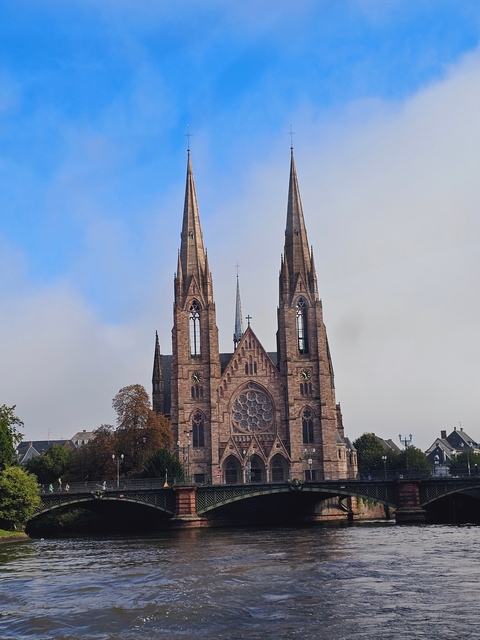 Gothic style church with two tall spires.