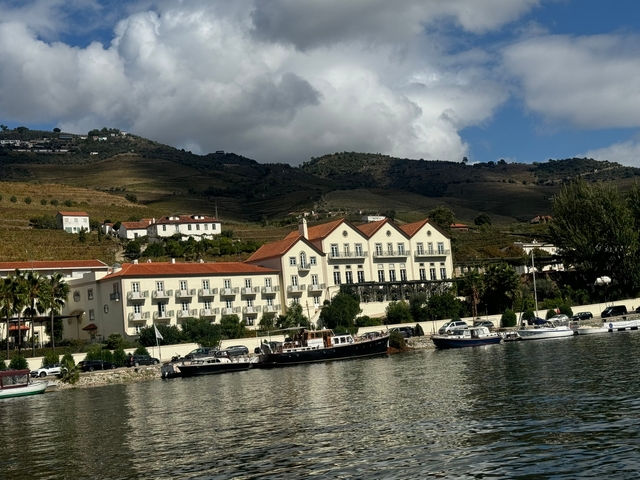 Scenic view of a river with buildings and terraced hills in the background.