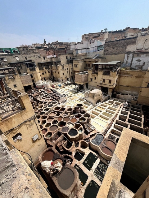 View of old tanneries with round pits filled with dyes.