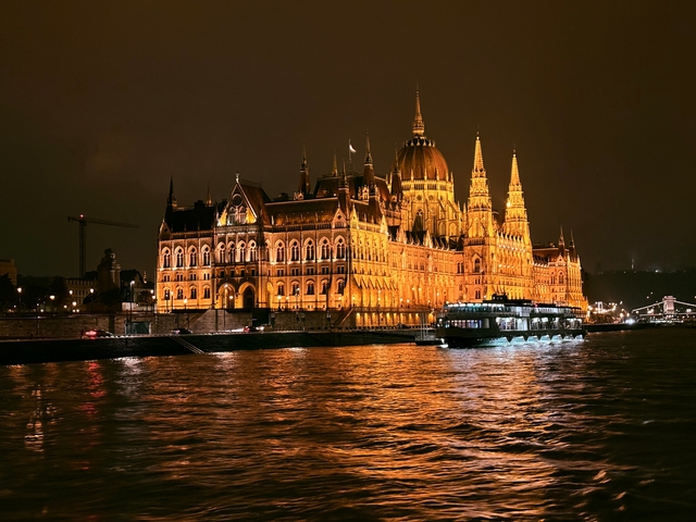 Night view of Budapest Parliament with reflections on the water