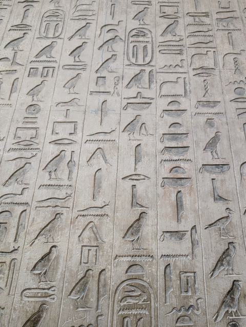 Close-up of hieroglyphs carved in stone.