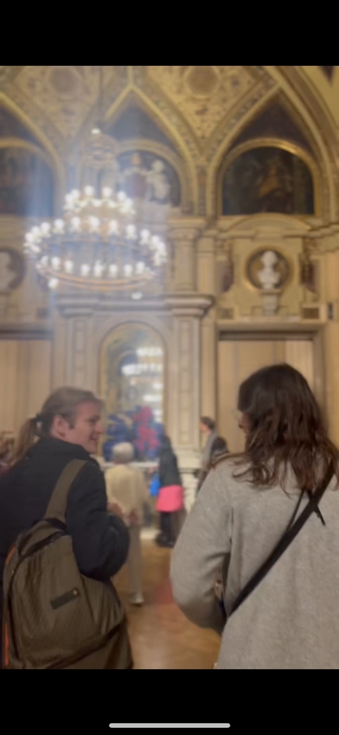 Two people inside a blurry indoor setting with ornate decor.