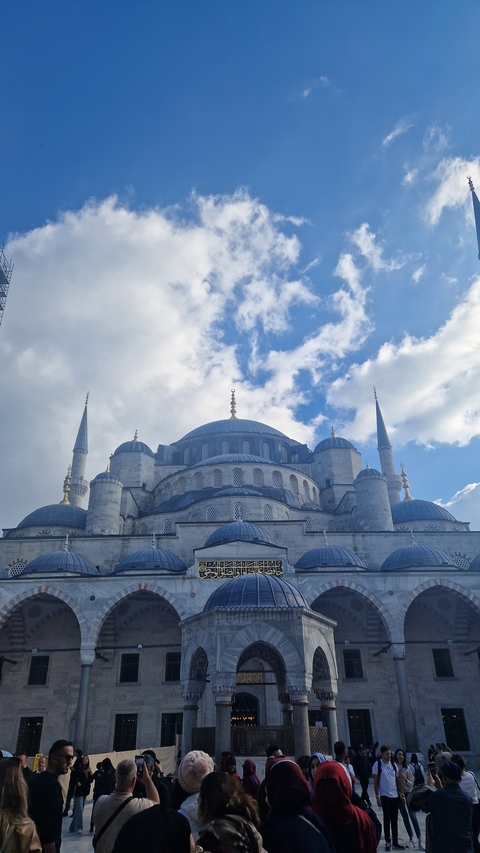 Blue Mosque with its striking domes and minarets under a partly cloudy sky.