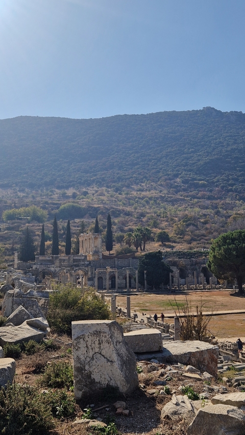 Ancient ruins with hills in the background