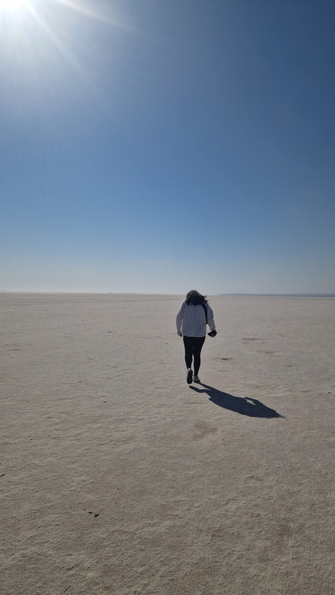 Person walking on a vast salt flat
