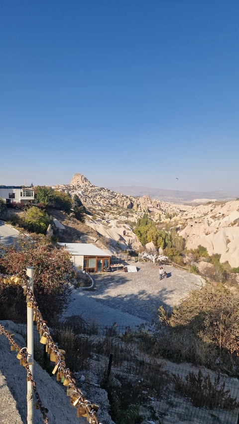 Panoramic view of Cappadocia with its unique rock formations and ancient caves.