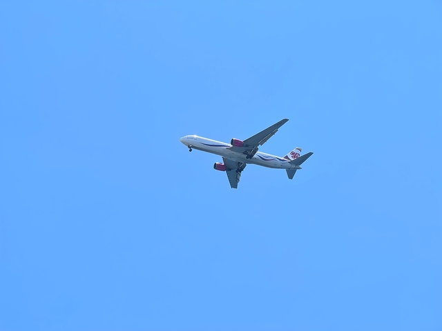 Airplane flying in a clear blue sky.