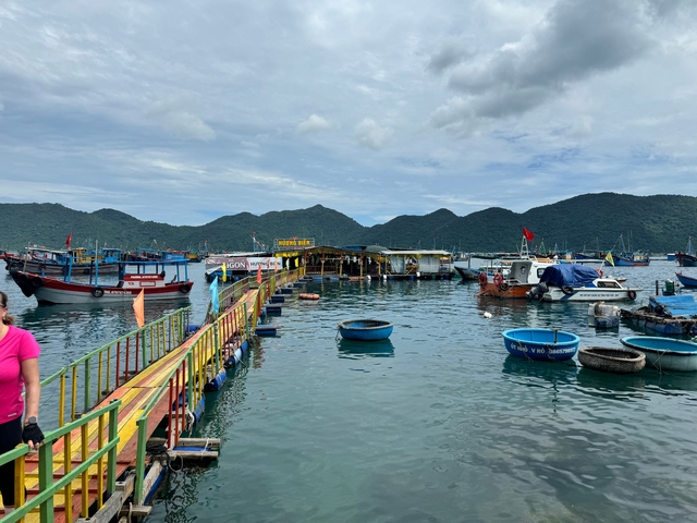 Colorful boats docked at a floating village