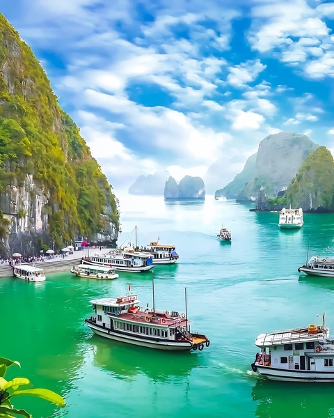 Halong Bay with boats and dramatic limestone hills.