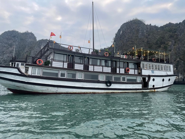 Large cruise boat on the water with rocky landscape in background.