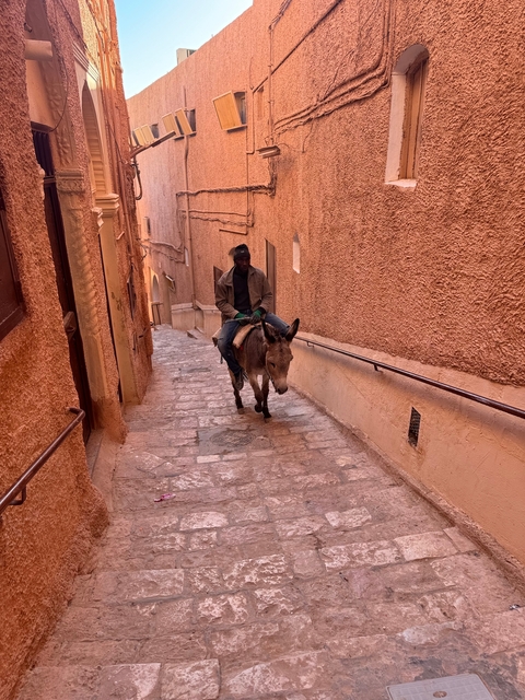 Man riding a donkey in a narrow alley with ochre walls.
