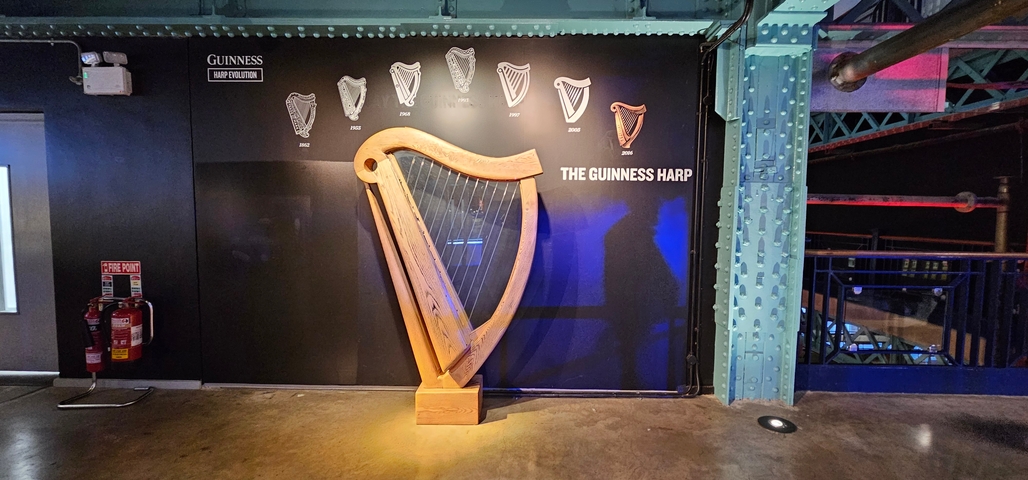 Guinness harp displayed against an informational backdrop.