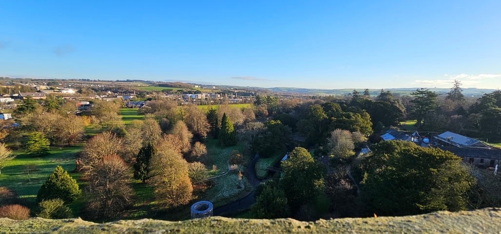 Aerial view of a park with gardens and distant buildings.