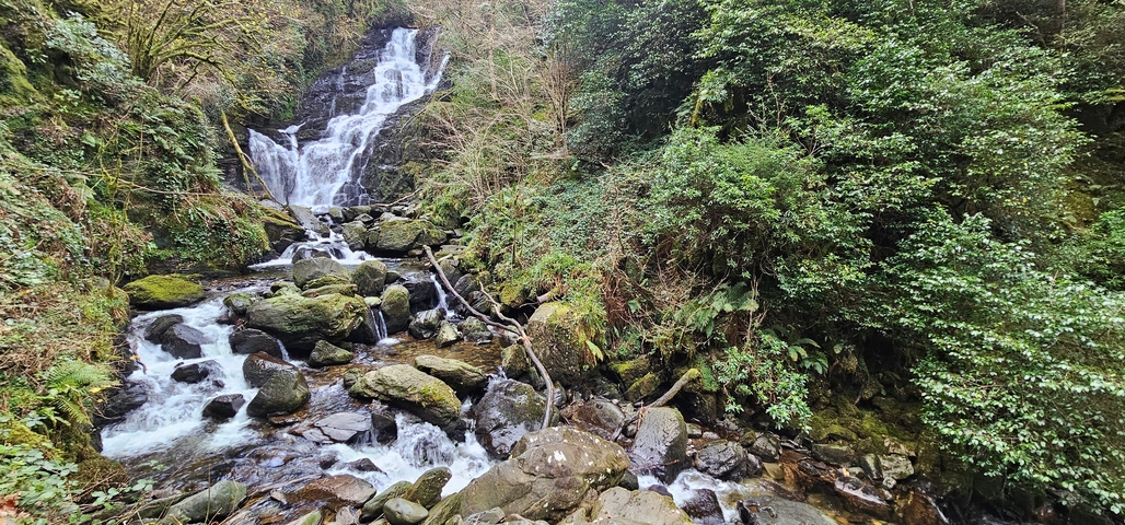 Waterfall cascading over rocks in a lush forest.