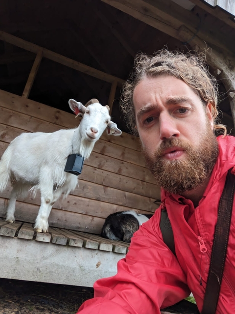 Person posing with a goat near a wooden structure.