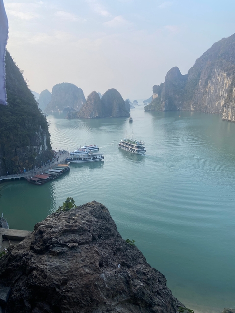Scenic view of Halong Bay with boats on the water.