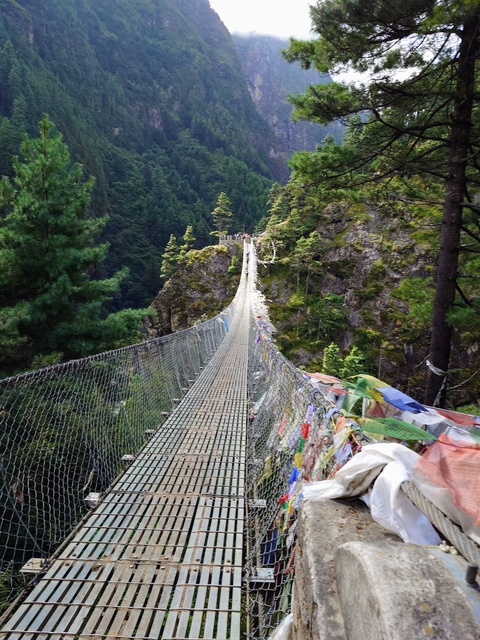 Suspension bridge over a deep gorge with prayer flags.