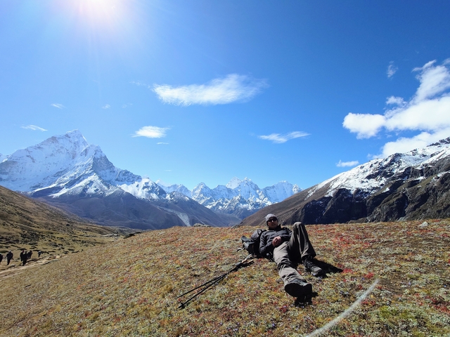 A man resting on a meadow with snowy mountains in the background.