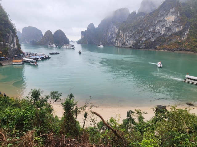 Scenic view of Halong Bay with boats and limestone formations.