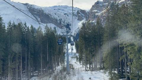 Ski lift leading up to snowy mountains with pine tree forest.