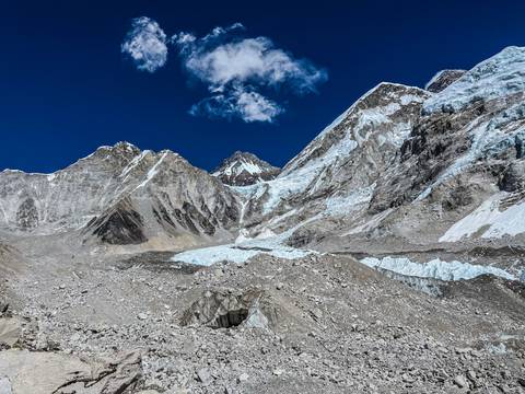 Panoramic view of Himalayan peaks with glacial foreground.