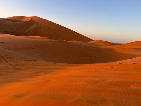 Sand dunes with tire tracks and sunset lighting.