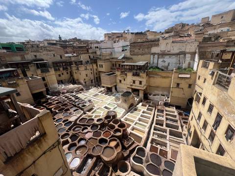 An aerial view of a traditional tannery.